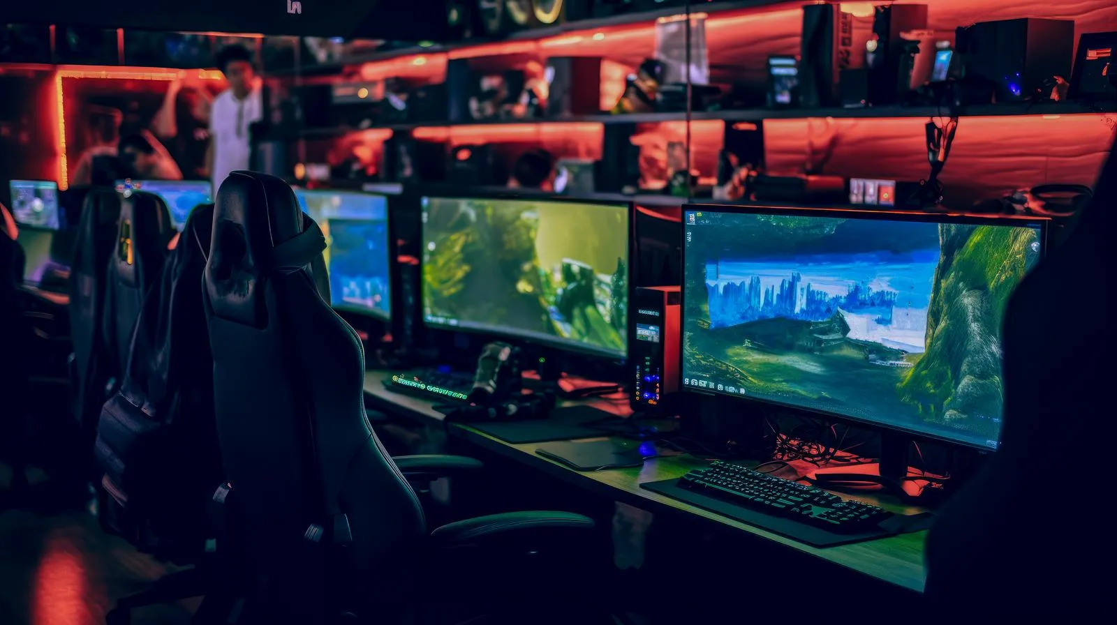 ゲーム用のパソコンとチェアが並ぶ空間のイメージ